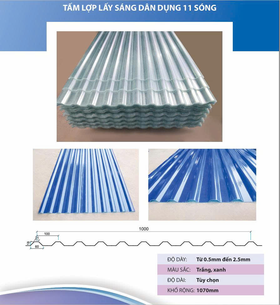 Tấm Composite FRP không lấy sáng 11 và 9 sóng