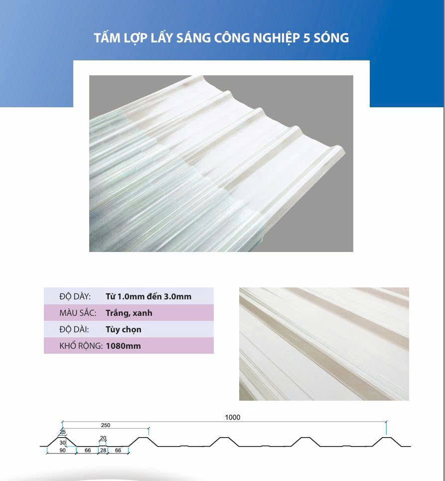 Tấm Composite FRP lấy sáng công nghiệp 5 và 6 sóng