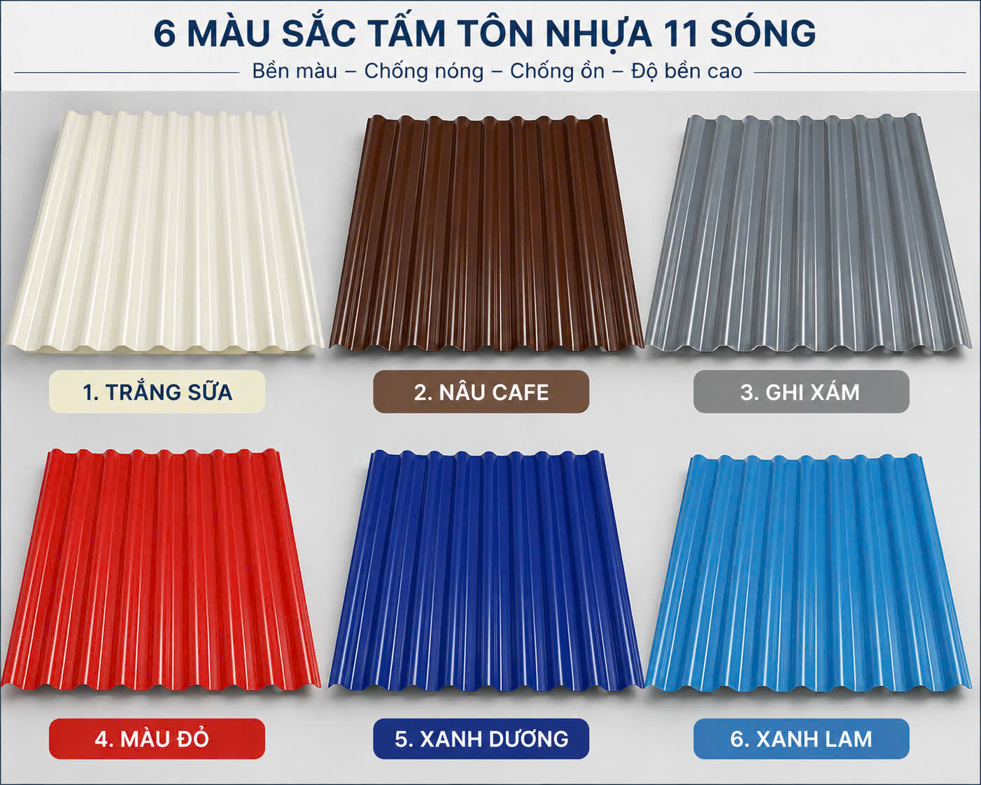 Bảng màu tôn nhựa 11 sóng Luxury Prime